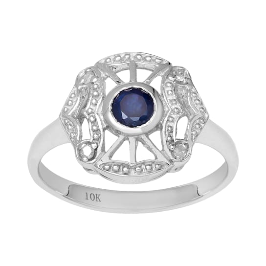 10k White Gold Vintage Style Genuine Round Sapphire and Diamond Accent Ring