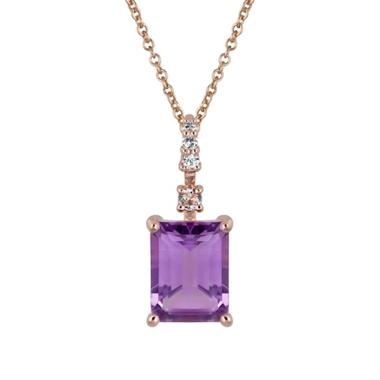10k Rose Gold Genuine Emerald Cut Amethyst and White Topaz Pendant With Chain