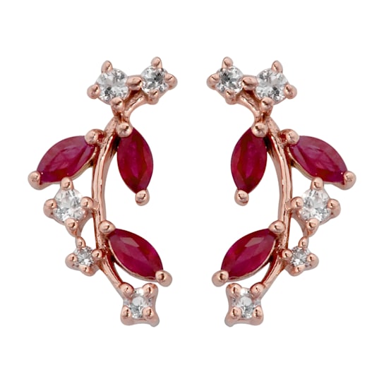 10K Rose Gold Ruby and White Topaz Crescent Earrings