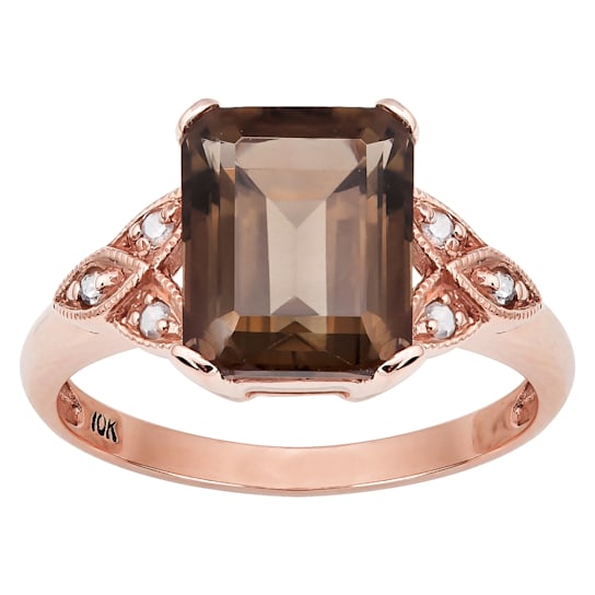 10k Rose Gold Vintage Style Genuine Emerald-Cut Smoky Quartz and Diamond Ring