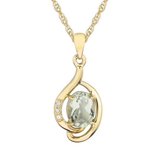 10k Yellow Gold Genuine Oval Prasiolite and Diamond Pendant With Chain