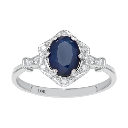 10k White Gold Vintage Style Genuine Oval Sapphire and Diamond Halo Ring