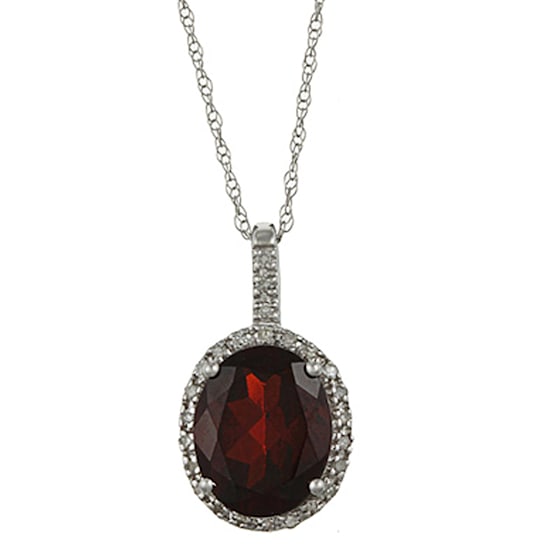 10k White Gold Oval Garnet and Diamond Halo Pendant With Chain