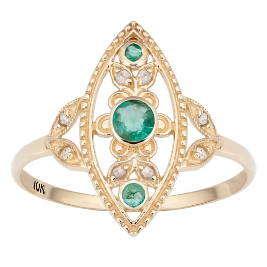 10k Yellow Gold Antique Style Genuine Round Emerald and Diamond Ring