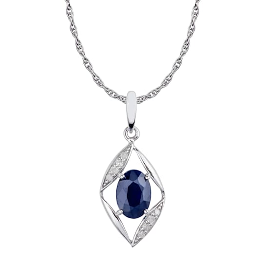 10k White Gold Genuine Oval Sapphire and Diamond Pendant With Chain