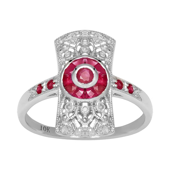 10k White Gold Antique Vintage Style Genuine Ruby and Diamond Ring