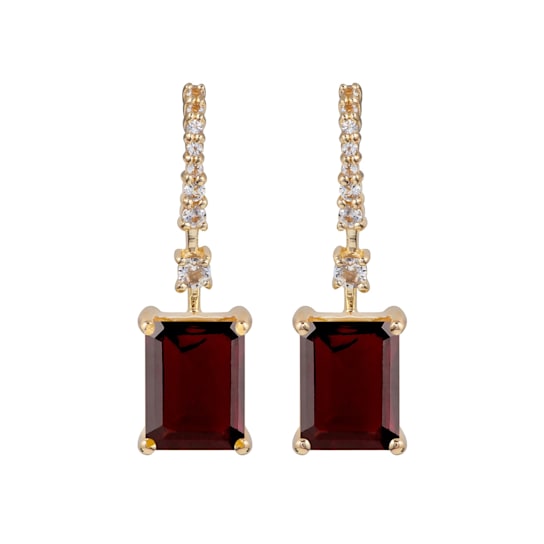10K Yellow Gold Rectangular Octagonal Garnet and White Topaz Dangle Earrings
