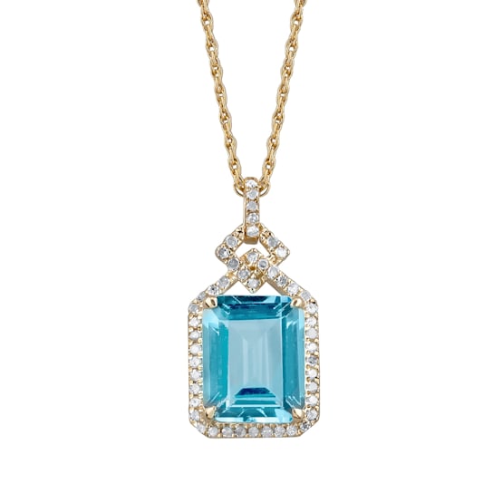 10k Yellow Gold Emerald-cut Blue Topaz and Diamond Pendant With Chain