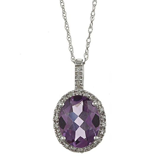 10k White Gold Oval Amethyst and Diamond Halo Pendant With Chain