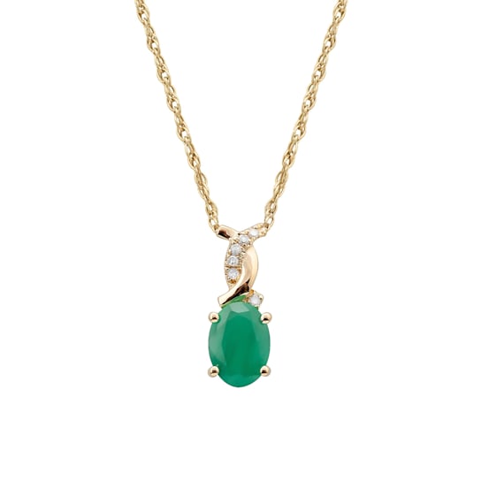 10k Yellow Gold Oval Emerald and Diamond Twist Pendant With Chain