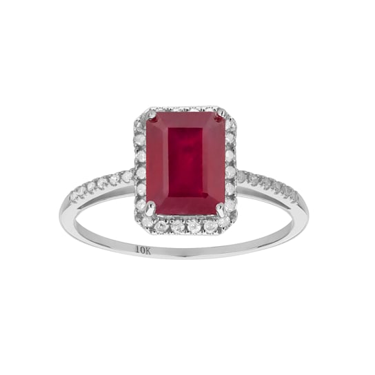 10k White Gold Emerald-Cut Ruby and Diamond Halo Ring