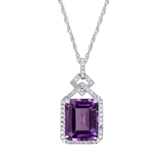 10k White Gold Emerald-cut Amethyst and Diamond Halo Pendant With Chain