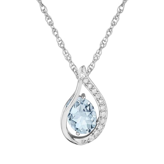 10k white gold genuine oval aquamarine and diamond halo drop pendant
with chain