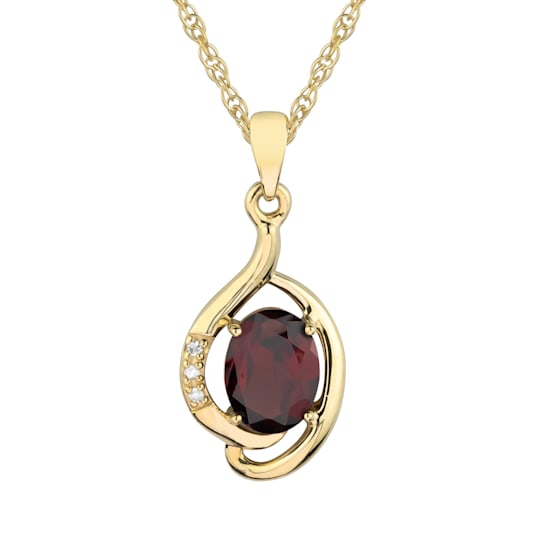 10k Yellow Gold Genuine Oval Garnet and Diamond Pendant With Chain