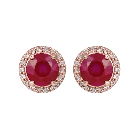 10K Rose Gold Ruby and White Topaz Halo Earrings