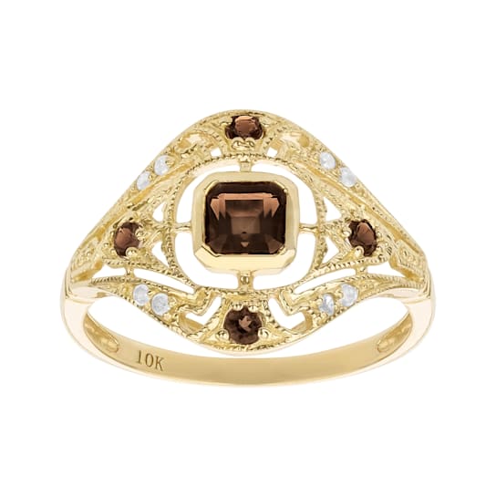 10k Yellow Gold Vintage Style Genuine Smoky Quartz and Diamond Ring