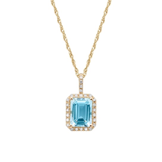 10k Yellow Gold Emerald-Cut Blue Topaz and Diamond Halo Pendant With Chain