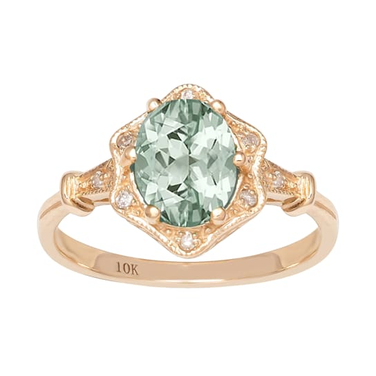 10k Yellow Gold Vintage Style Genuine Oval Prasiolite and Diamond Halo Ring