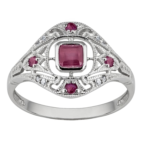 10k White Gold Vintage Style Genuine Ruby and Diamond Ring