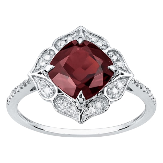 10k White Gold Vintage Style Cushion Garnet and Diamond Ring