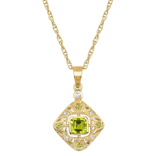 10k Yellow Gold Vintage Style Peridot and Diamond Pendant With Chain