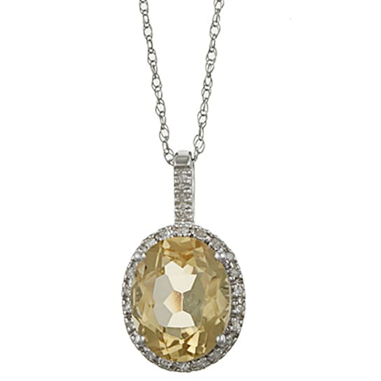 10k White Gold Oval Citrine and Diamond Halo Pendant With Chain