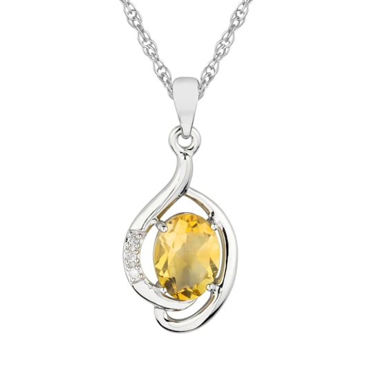 10k Yellow Gold Genuine Oval Citrine and Diamond Pendant With Chain