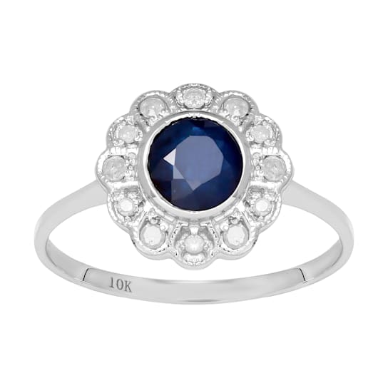 10k White Gold Vintage Style Genuine Round Sapphire and Diamond Halo Ring