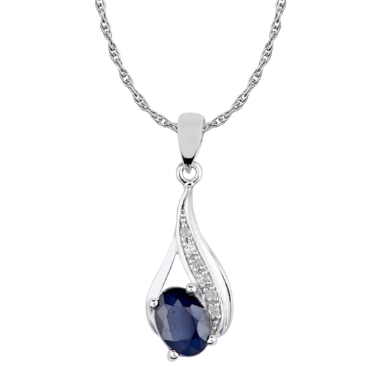 10k White Gold Genuine Oval Sapphire and Diamond Drop Pendant With Chain
