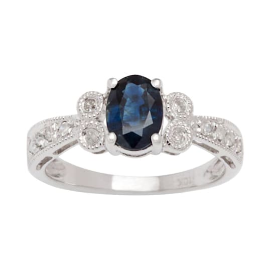 10k White Gold Vintage Style Oval Sapphire and Diamond Ring