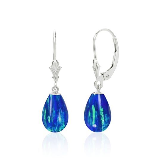 14K Solid White Gold Lab Created Bue Opal Teardrop Earrings