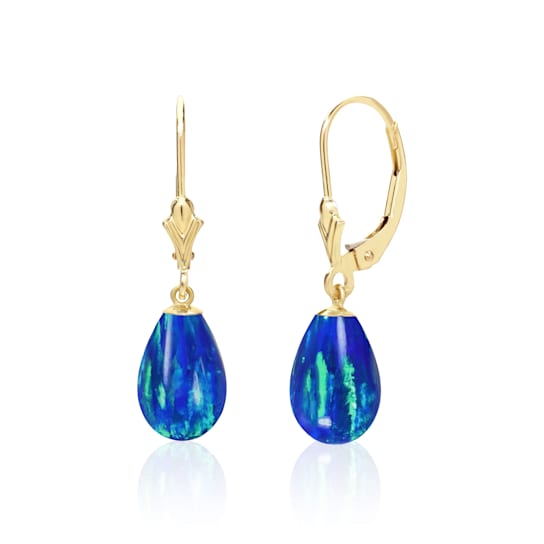14K Solid Yellow Gold Lab Created Blue Opal Teardrop Earrings