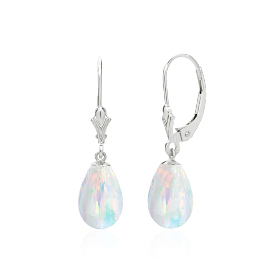 14K Solid White Gold Lab Created White Rainbow Opal Teardrop Earrings
