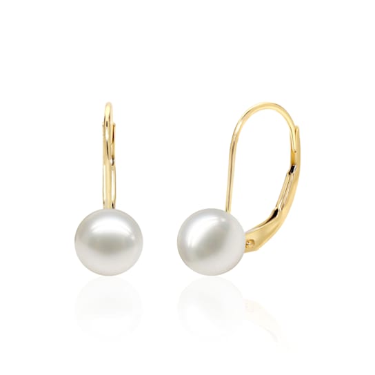 14K Gold 8mm AAA Freshwater Pearl Drop Leverback Earrings
