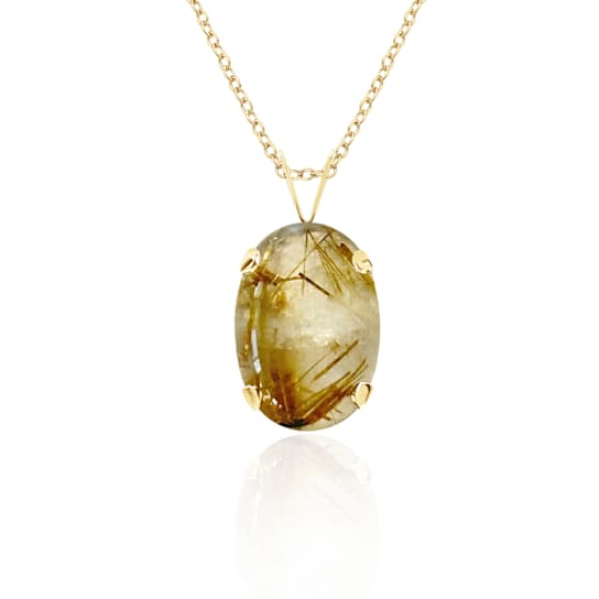 14K Gold Golden Rutilated Quartz Pendant Necklace | 14x10 mm Oval Gemstone