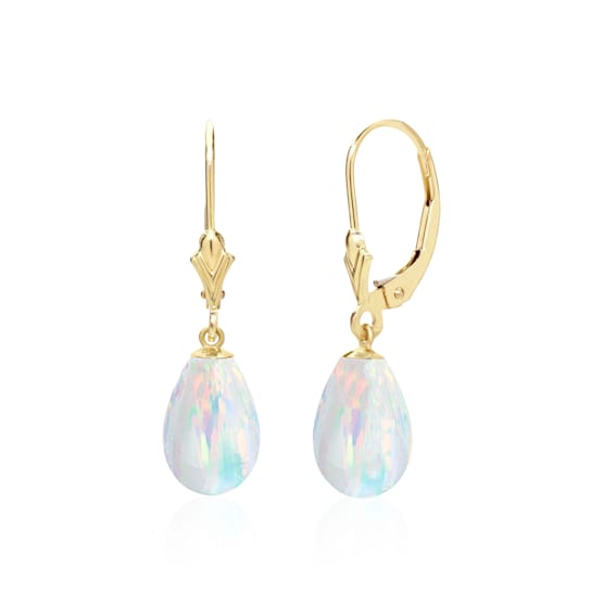 14K Solid Yellow Gold Lab Created White Rainbow Opal Teardrop Earrings