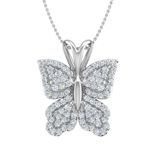 FINEROCK 10K White Gold Diamond Butterfly Pendant 1/3 ctw (Silver Chain Included)