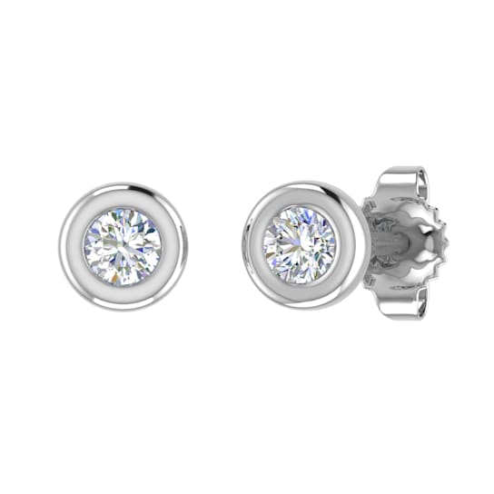 FINEROCK 14K White Gold Bezel Set Round Diamond Stud Earrings (1/10 Carat)