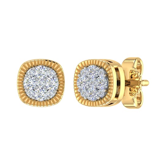 FINEROCK 1/4 Carat Diamond Square Cluster Stud Earrings in 10K Yellow Gold