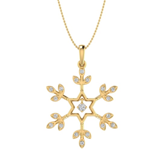 FINEROCK 10K Yellow Gold Snowflake Diamond Pendant Necklace (1/10 Carat)
(Silver Chain Included)