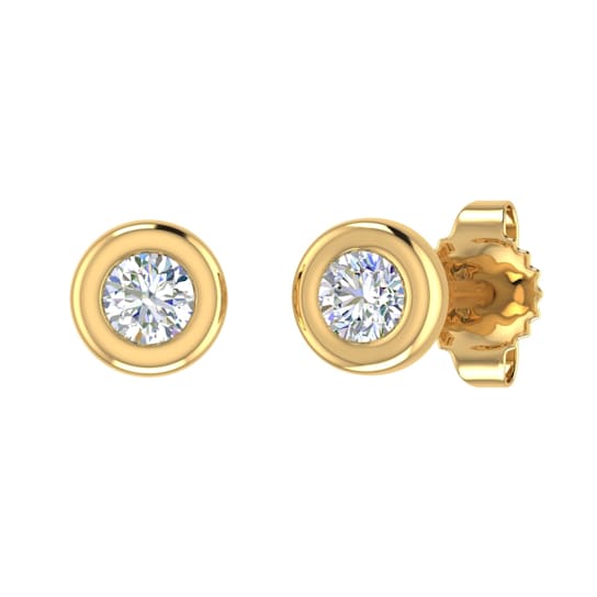 FINEROCK 14K Yellow Gold Bezel Set Round Diamond Stud Earrings (1/10 Carat)