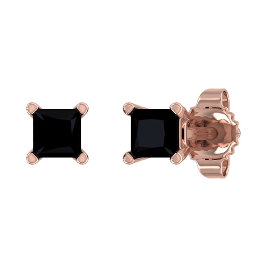 FINEROCK 1/4 Carat Princess Cut Black Diamond Stud Earrings in 14K Rose Gold