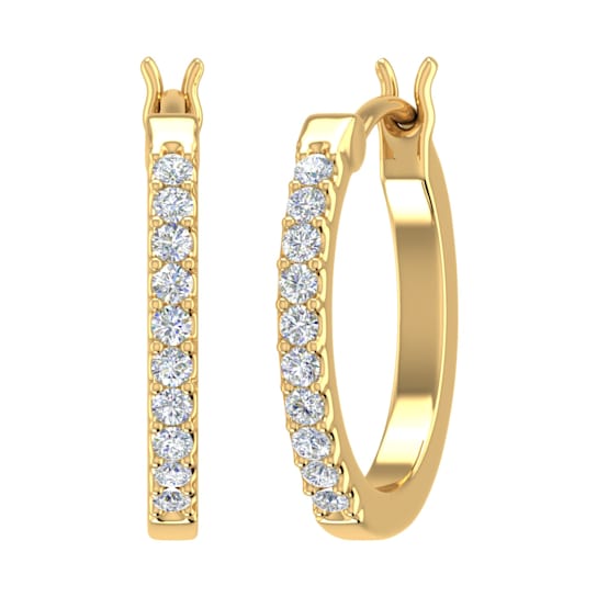 FINEROCK 1/10 Carat Diamond Ladies Small Hoop Earrings in 10K Yellow Gold
