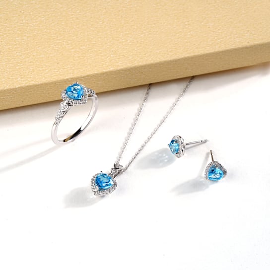 Swiss Blue Topaz and Cr. White Sapphire Gemstone Halo Jewelry Sets in Silver