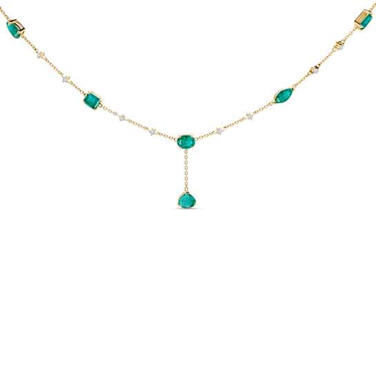 4.13Cts Colombian Emerald , Crafted in 18K yellow gold station necklace
