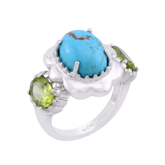 GEMistry Kingman Turquoise and Arizona Peridot Floral Framed Ring,
Sterling Silver