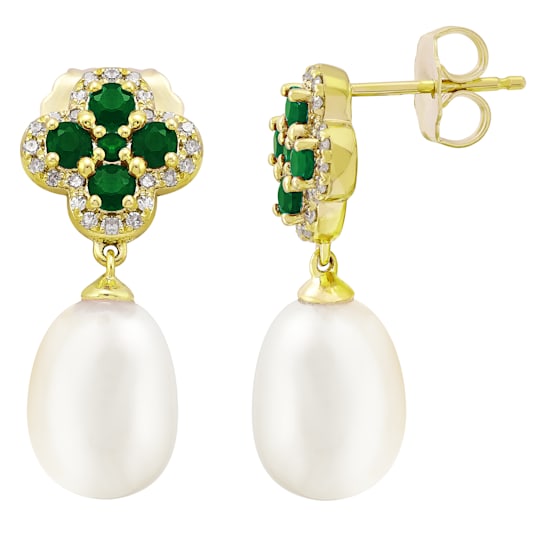 10K Yellow Gold Diamond, Emerald and Fresh Water Pearl Earrings