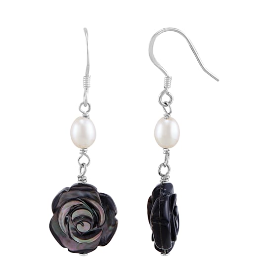Sterling Silver Black Mother of Pearl and Oval Pearl Flower Drop Earrings