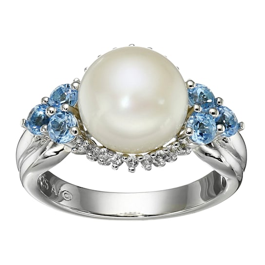Sterling Silver Fresh Water Pearl,Swiss Blue Topaz and White Topaz Ring
