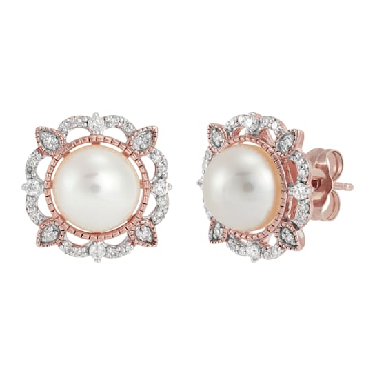 10KT Rose Gold Diamond and Fresh Water Pearl Earrings